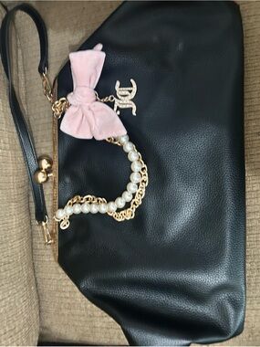 Juicy Couture Black Shoulder Clutch with Pink Bow and Pearl Chain
